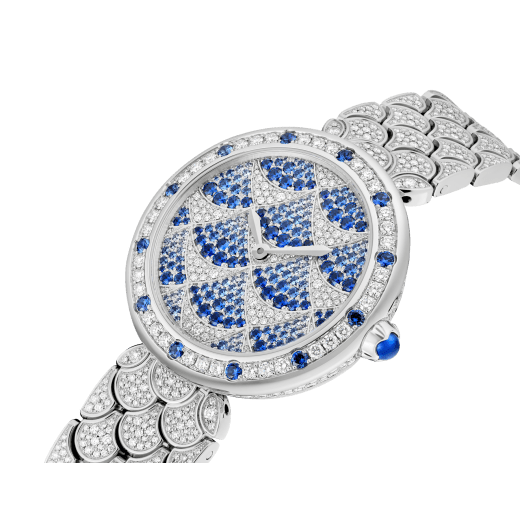 Divas' Dream Mosaica High Jewellery watch with mechanical manufacture movement with automatic winding, 18 kt white gold case and bezel set with brilliant-cut diamonds and blue sapphires, fan-shaped snow-set diamond and blue sapphire dial, 18 kt white gold fan-shaped bracelet set with diamonds. Water-resistant up to 30 metres 103761 image 2