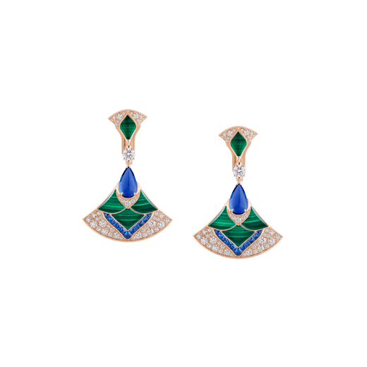 Divas' Dream 18 kt rose gold earrings set with round diamonds, pear-shaped tanzanites, fancy-cut blue sapphires, malachite elements and pavé diamonds 361441 image 1