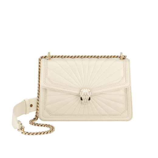 Serpenti Diamond Blast small shoulder bag in ivory opal Sunshine quilted nappa leather with black nappa leather lining. Captivating snakehead closure in light gold-plated brass embellished with matt and shiny ivory opal enamel scales and black onyx eyes. 922-SQ image 1