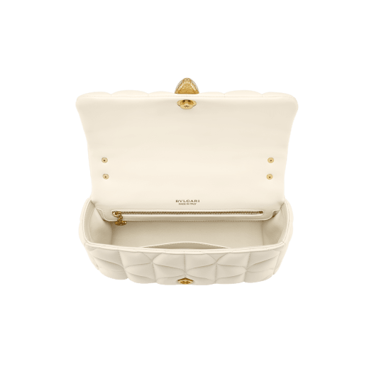 Serpenti Sugarloaf medium shoulder bag in black calf leather with a maxi Calla Matelassé motif and black nappa leather lining. Captivating snakehead magnetic closure in gold-plated brass. SSL-001-1312M image 3
