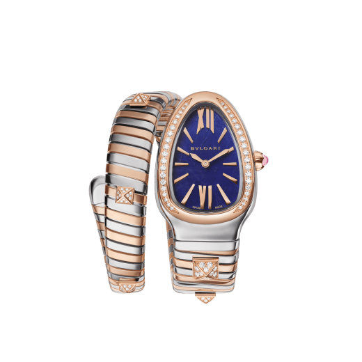 Serpenti Tubogas Studs Capsule single-spiral watch in 18 kt rose gold and stainless steel with diamond-set bezel, 18 kt rose gold studs set with pavé diamonds on the bracelet and sodalite dial. Water-resistant up to 30 metres. Limited Edition Serpenti-Tubogas-Capsule-Blue image 1