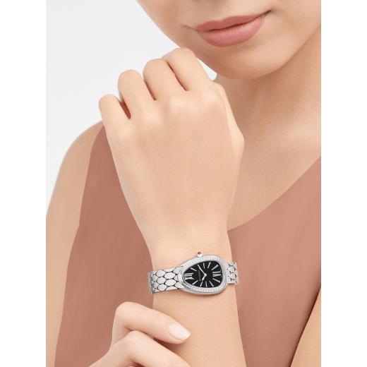 Serpenti Seduttori watch with stainless steel case set with diamonds, black lacquered dial and stainless steel bracelet. Water-resistant up to 30 metres. 103950 image 2