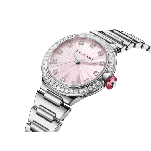 Lvcea Limited Edition watch in polished and satin-brushed stainless steel with automatic movement, diamond-set bezel, pink mother-of-pearl marquetery dial and 11 diamond indexes. Water-resistant up to 50 metres 104106 image 2