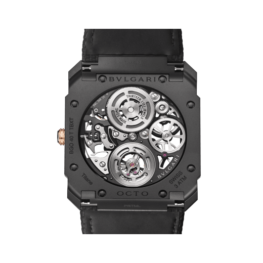 Octo Finissimo Tourbillon Skeleton watch with mechanical manufacture ultra-thin movement (1.95 mm thick), manual winding and flying tourbillon, sandblasted titanium case with black DLC, openwork dial and black rubber bracelet. Water-resistant up to 30 metres. 103984 image 4