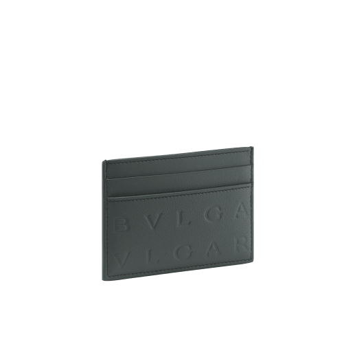 Bulgari Logo card holder in ivy onyx greenish-grey calf leather with iconic hot-stamped Infinitum pattern all over. BVL-CCHOLDERb image 1