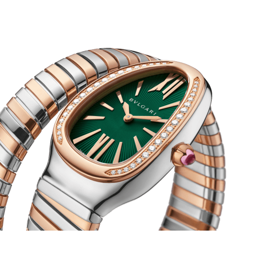 Serpenti Tubogas 單螺旋腕錶，18K 玫瑰金和精鋼材質，錶圈鑲飾鑽石，綠色漆面太陽紋錶盤。防水深度 30 公尺。 SERPENTI-TUBOGAS-1T-greenDialDiam image 2