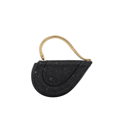 Serpenti Cuore 1968 top handle bag with gold Neige Pavé Crystals applied on a suede base and bright travertino nappa internal lining. Captivating snake body-shaped top handle in gold-plated brass embellished with engraved scales and zirconia eyes; press-button closure. SRN-001-1326S-CRYS image 4