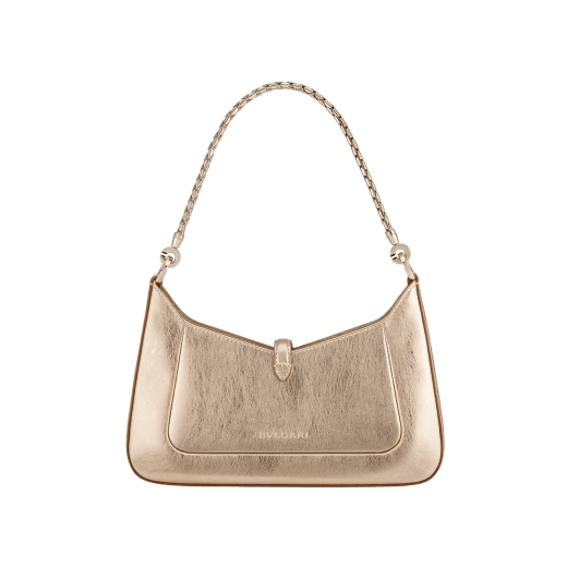 Serpenti Baia small shoulder bag in silver Striated calf leather with foggy opal grey nappa leather lining. Captivating snakehead magnetic closure in light gold-plated brass embellished with brushed grey enamel and light gold-plated brass scales and black onyx eyes; additional zipped top closure. SEA-001-1274S-STRI image 2