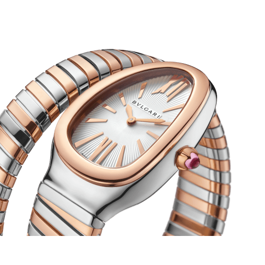 Serpenti Tubogas single-spiral watch in 18 kt rose gold and stainless steel with white opaline dial with guilloché soleil treatment. Water-resistant up to 30 meters. 103708 image 2