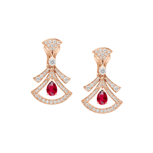 DIVAS' DREAM 18 kt rose gold openwork earrings, set with pear-shaped rubies, round brilliant-cut and pavé diamonds. 356954 image 1
