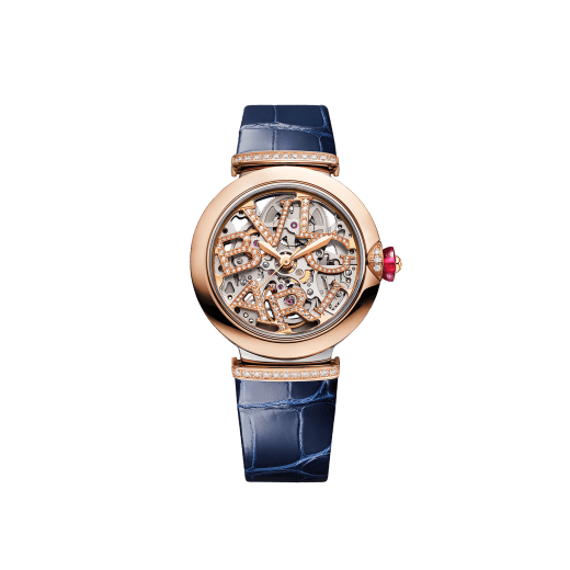 LVCEA Skeleton watch with mechanical manufacture movement, automatic winding and skeleton execution, stainless steel and 18 kt rose gold case, 18 kt rose gold openwork BVLGARI logo dial set with brilliant-cut diamonds and blue alligator bracelet with 18 kt rose gold links set with diamonds 103502 image 1