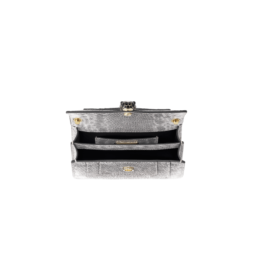 Serpenti Forever crossbody micro bag in milky opal metallic karung skin. Brass light gold plated tempting snake head closure in black and tone on tone glitter enamel, with black onyx eyes. 986-MK image 4