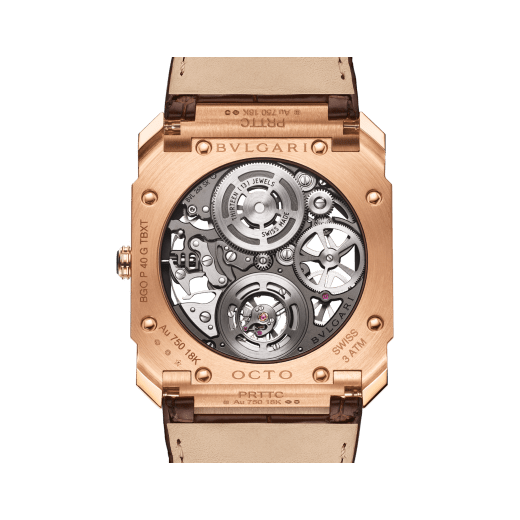 Часы Octo Finissimo Tourbillon Skeleton, ультратонкий мануфактурный механизм с ручным заводом (толщина 1,95 мм), парящий турбийон, корпус из розового золота 18 карат с сатинированными и полированными поверхностями, ажурный циферблат, коричневый ремешок из кожи аллигатора. Водонепроницаемость до 30 метров. 103981 image 4
