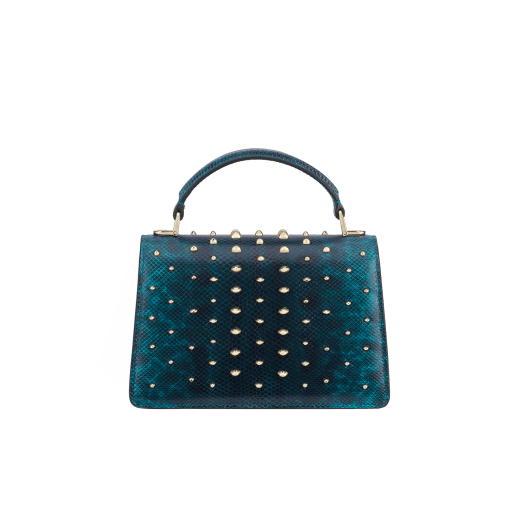 Serpenti Forever mini top handle bag in Laguna blue Cabochon shiny karung skin with metal studs and black nappa leather lining. Captivating snakehead magnetic closure in light gold-plated brass embellished with bright Laguna blue enamel and light gold-plated brass scales, and black onyx eyes. 293746 image 3