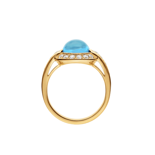 Bvlgari Tubogas 18 kt yellow gold ring set with a cabochon-cut blue topaz framed by pavé diamonds AN860307 image 2