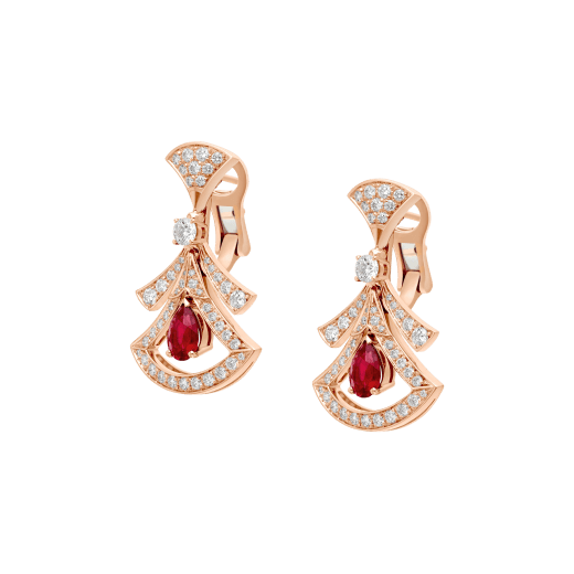DIVAS' DREAM 18 kt rose gold openwork earrings, set with pear-shaped rubies, round brilliant-cut and pavé diamonds. 356954 image 2