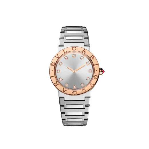 BULGARI BULGARI LADY watch with stainless steel case and bracelet, 18 kt rose gold bezel engraved with double logo, silvered sunray dial and diamond indexes. Water-resistant up to 30 metres. 103577 image 1