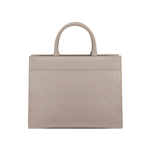 Bulgari Logo medium tote bag in black calf leather with hot-stamped Infinitum pattern on the main body and teal topaz green grosgrain lining. Light gold-plated brass hardware and magnet closure. BVL-1251M-ICL image 5