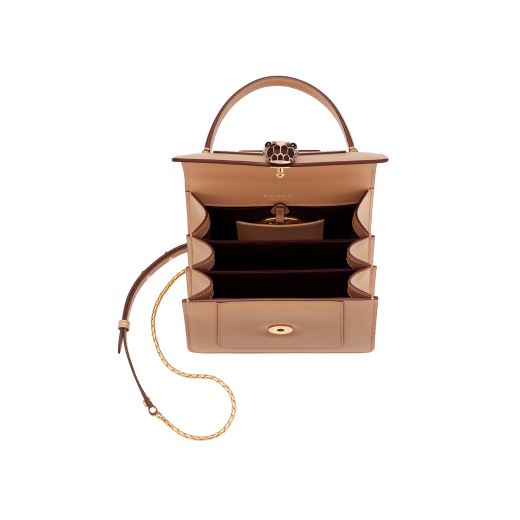 “Serpenti Forever ” top-handle bag in Lavender Amethyst lilac calf leather with Reef Coral red grosgrain inner lining. Iconic snakehead closure in light gold-plated brass embellished with black and white agate enamel and green malachite eyes 1122-CLa image 4