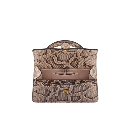 Serpenti Forever mini top handle bag in mint tourmaline shiny python skin with mint tourmaline nappa leather lining. Captivating snakehead magnetic closure in gold-plated brass embellished with misty jade enamel and gold-plated brass scales, and black onyx eyes. SEA-001-1283XS-EX image 3