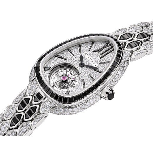 Serpenti Seduttori Tourbillon watch with mechanical manufacture movement with manual winding and tourbillon, 18 kt white gold case and bracelet set with baguette-cut black spinels and brilliant-cut diamonds, and pavé diamond-set dial. 103465 image 2