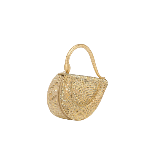 Serpenti Cuore 1968 top handle bag with gold Neige Pavé Crystals applied on a suede base and bright travertino nappa internal lining. Captivating snake body-shaped top handle in gold-plated brass embellished with engraved scales and zirconia eyes; press-button closure. SRN-001-1326S-CRYS image 2