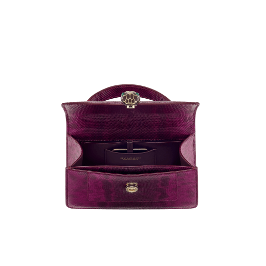 Serpenti Forever mini top handle bag in light amethyst pure karung with light amethyst nappa leather lining. Captivating snakehead magnetic closure in gold-plated brass embellished with light amethyst enamel and gold-plated brass scales, and black onyx eyes. SEA-001-1283XS-kar image 3