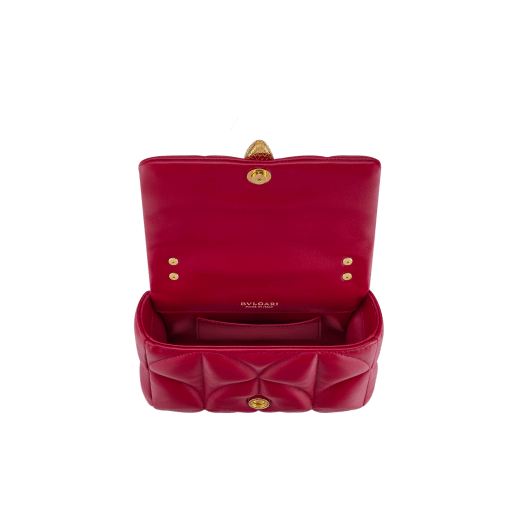 Serpenti Sugarloaf small shoulder bag in black calf leather with a maxi Calla Matelassé motif and black nappa leather lining. Captivating snakehead magnetic closure in gold-plated brass embellished with red enamel eyes. SSL-001-1316XS image 3