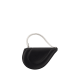 Serpenti Cuoricino mini top handle bag in magenta satin with magenta nappa leather lining. Captivating snake body-shaped top handle in light gold-plated brass embellished with engraved scales; press-button closure. SRN-001-1366XS image 4