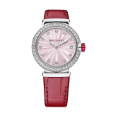 LVCEA watch with stainless steel case set with brilliant-cut diamonds, pink mother-of-pearl marquetry dial, 11 round diamond indexes and pink alligator bracelet. Water-resistant up to 30 metres. 103618 image 1