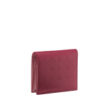 Bulgari Logo compact wallet in primrose quartz pink calf leather with hot-stamped Infinitum pattern all over and anemone spinel pinkish-red nappa leather interior. Light gold-plated brass hardware and press-stud closure. BVL-COMPACTWLTa image 3