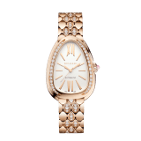 Serpenti Seduttori 腕錶，採用 18K 玫瑰金材質，搭載寶格麗自製自動上鍊機械機芯，鑲鑽錶圈與錶鍊，白色蛋白石錶盤。防水深度 30 公尺。 103902 image 1