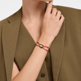 Serpenti Forever bracelet in ruby red fabric. Captivating gold-plated brass snakehead embellishment with black enamel and gold-plated brass scales, and black enamel eyes. 295472 image 1
