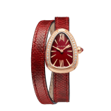 Serpenti watch with 18 kt rose gold case set with brilliant cut diamonds, red lacquered dial and interchangeable double spiral bracelet in red karung leather. 102730 image 1