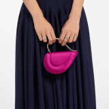Serpenti Cuoricino mini top handle bag in magenta satin with magenta nappa leather lining. Captivating snake body-shaped top handle in light gold-plated brass embellished with engraved scales; press-button closure. SRN-001-1366XS image 1