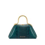 Serpentine mini top handle bag in bright forest emerald shiny karung with black nappa leather lining. Captivating snake body-shaped top handle in gold-plated brass embellished with engraved scales and red enamel eyes, press-button closure and gold-plated brass hardware. 294311 image 2