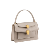 Alexander Wang x Bulgari small belt bag in moonbeam pearl light grey calf leather with black nappa leather lining. Captivating double Serpenti head magnetic closure in antique gold-plated brass embellished with red enamel eyes. 292315 image 2