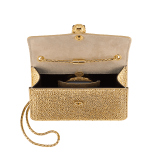 Serpenti Forever small crossbody bag in natural suede with different-size gold crystals and black nappa leather lining. Captivating magnetic snakehead closure in gold-plated brass embellished with "diamantatura" engraving on the scales, and black onyx eyes. 292889 image 4