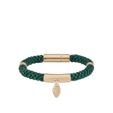 Serpenti Forever bracelet in emerald green woven fabric. Captivating snakehead charm in light gold-plated brass embellished with red enamel eyes, and press-button closure. SERPMULTISTRING-WF-VE image 1