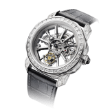 Octo Tourbillon Sapphire watch with mechanical manufacture movement, flying tourbillon, manual winding, platinum case set with 88 baguette-cut diamond, rhodium plated bridges decorated with white luminiscent bar-indexes in ITR2& SLN®, sapphire middle case, skeletonized dial and black alligator bracelet 102956 image 2
