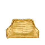 Serpentine medium pouch in antique gold soft metallic crocodile skin with 24 kt gold treatment and emerald green nappa leather lining. Captivating snake-shaped frame in gold-plated brass including 3 µ of 24 kt gold, embellished with engraved scales and red enamel eyes on one side and antique gold soft metallic crocodile insert on the other, and press-button closure. Exclusive Bulgari 50th anniversary in the US Edition. 292590 image 3