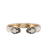 Serpenti Forever bangle bracelet in light gold-plated brass with milky opal beige metallic karung skin inserts. Captivating contraire snakehead motif embellished with black and glitter milky opal beige enamel scales, and black eyes. SPContr-MK-MO image 1