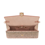 Serpenti Forever East-West small shoulder bag in desert rose suede with multi-sized dégradé rose gold crystals and desert quartz pink nappa leather lining. Captivating snakehead magnetic closure in light gold-plated brass embellished with "diamantatura" engraving on the scales, and black onyx eyes. Chinese New Year Special Edition. 293035 image 4