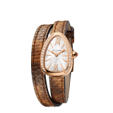 Serpenti watch with 18 kt rose gold case set with brilliant cut diamonds, white mother-of-pearl dial and interchangeable double spiral bracelet in brown karung leather. 102727 image 2