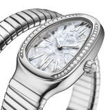 Tadao Ando x Bvlgari Serpenti Tubogas Limited Edition single-spiral watch in stainless steel with pavé diamonds on the bezel and mother-of-pearl dial. Water-resistant up to 30 metres. SERPENTI-TUBOGAS-TADAO-WINTER image 2