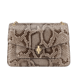 Serpenti Forever medium shoulder bag in foggy opal grey shiny python skin with crystal rose nappa leather lining. Captivating snakehead magnetic closure in light gold-plated brass embellished with black enamel and light gold-plated brass scales, and black onyx eyes. 293336 image 1