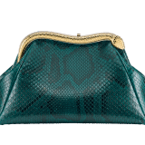 Serpentine medium pouch in teal topaz green soft and shiny python skin with violet amethyst nappa leather lining. Captivating snake body-shaped frame in gold-plated brass embellished with engraved scales and red enamel eyes on one side and teal topaz green soft shiny python skin insert on the other, with press button closure. 292583 image 1