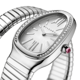Serpenti Tubogas single spiral watch in stainless steel case and bracelet, bezel set with brilliant cut diamonds and silver opaline dial. Large Size. SrpntTubogas-white-dial2 image 2