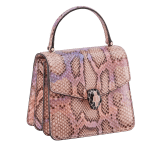Serpenti Forever top handle bag in multicolour Early Bright python skin with caramel topaz beige nappa leather lining. Captivating snakehead closure in light gold-plated brass embellished with black and caramel topaz beige enamel scales and black onyx eyes. 291721 image 2