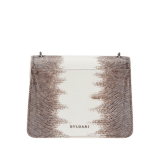 Serpenti Forever small crossbody bag in white agate shiny lizard skin with beige and grey shades, and with caramel topaz beige nappa leather lining. Captivating snakehead closure in dark ruthenium-plated brass embellished with brown-green and ivory opal enamel scales and black onyx eyes. 422-L image 3